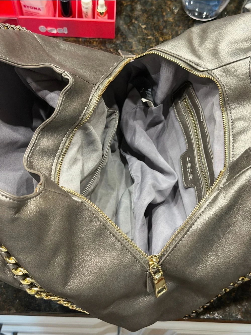 bebe Colette Triple Entry Metallic Gray Chain-Trim Hobo Bag